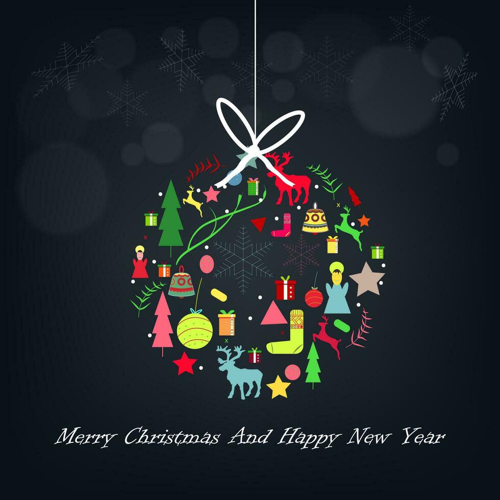 New Year background with colorful Christmas balls hanging on dark blue background. Vector illustration eps10