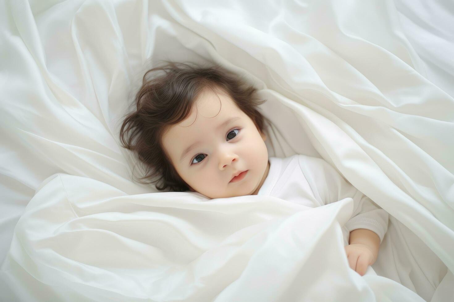 AI generated Cute baby girl lying on white bedding and looking at camera, A photo of a baby lying on a white bed sheet, AI GeneratedA photo of a baby lying on a white bed sheet, AI Generated