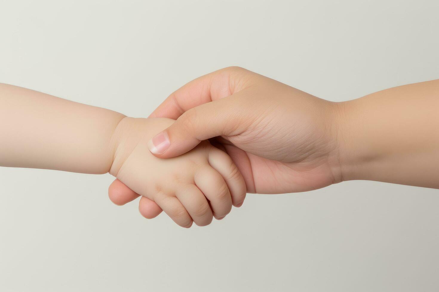 AI generated Mother and child holding hands, isolated on white background. Close up, A newborn baby and mother holding hands on a white background, hands close up, no hand deformation, AI Generated photo