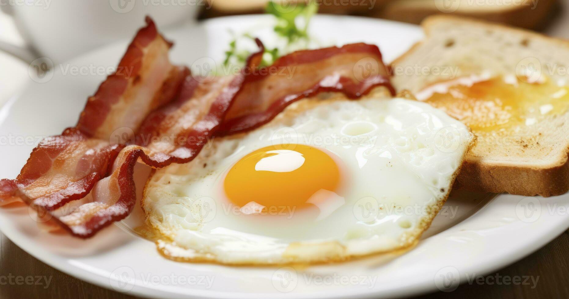 ai generado comodidad en un lámina. el acogedor encanto de un tradicional desayuno con tocino, huevos, y brindis foto