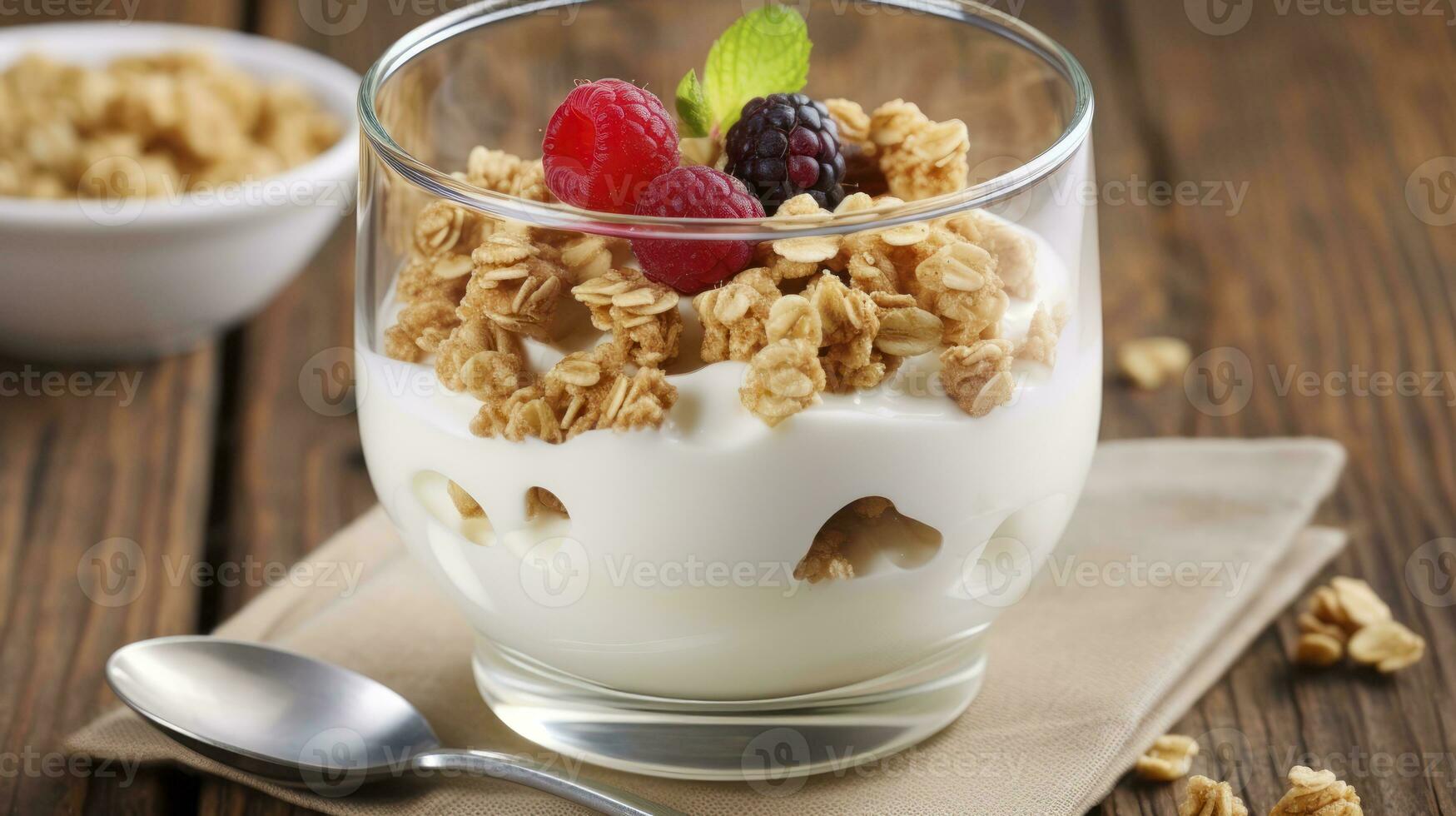 AI generated Morning Vitality. Healthy breakfast - yogurt with muesli photo