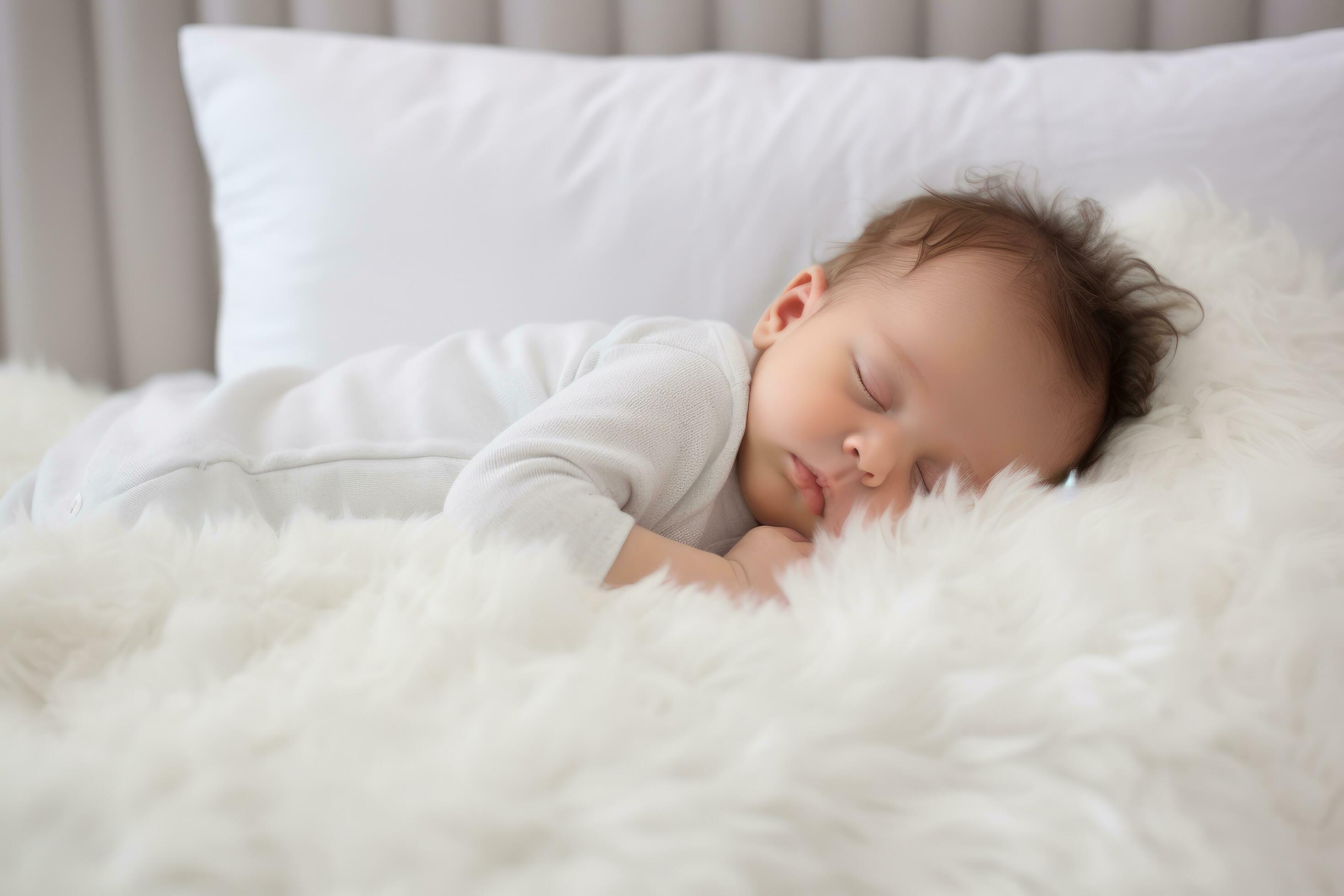 AI generated Cute little baby sleeping on bed at home. Adorable child