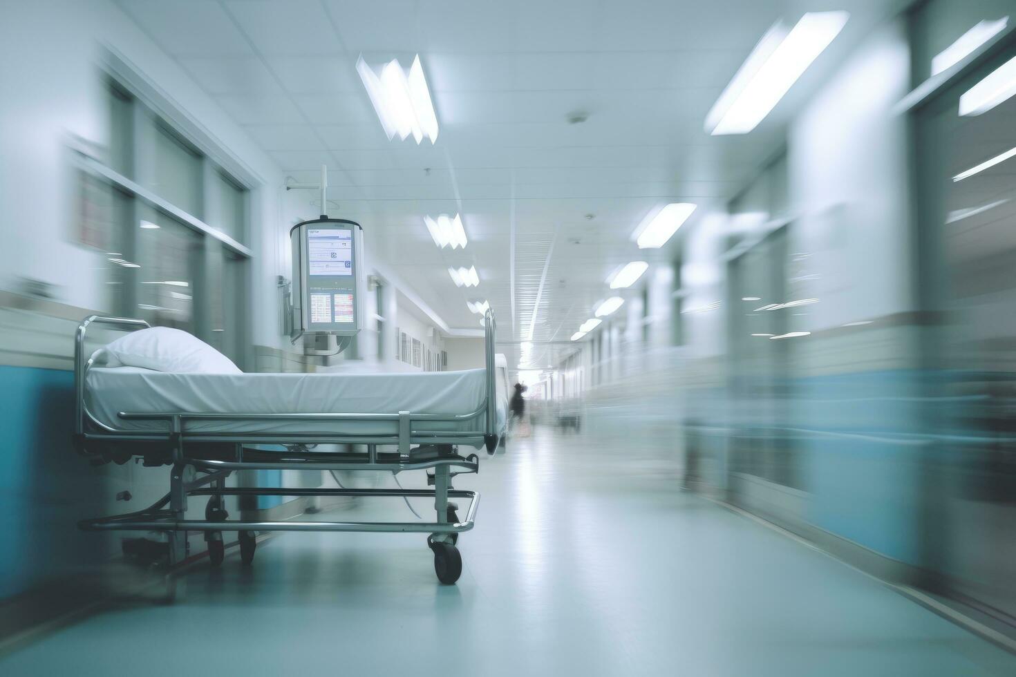 AI generated Hospital corridor with patient bed and blurred background, shallow DOF, A motion blurred photograph of a hospital interior, AI Generated photo