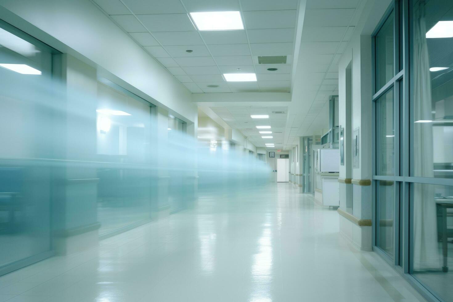 AI generated Blurred image of hospital corridor, shallow depth of sharpness, A motion blurred photograph of a hospital interior, AI Generated photo