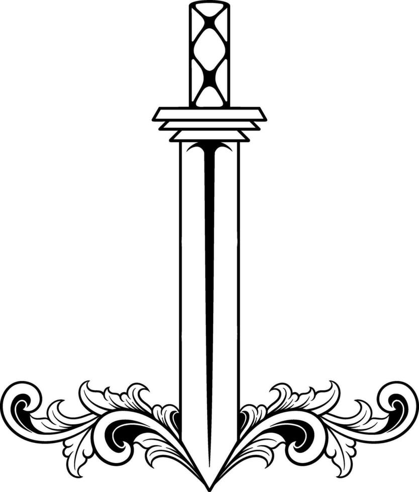 Vector sword illustration with ornament and wings