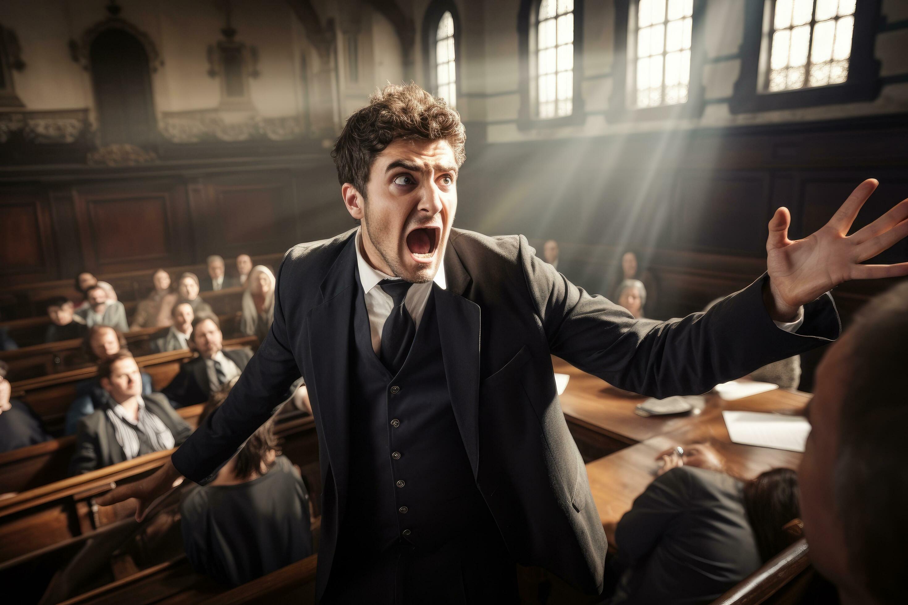 AI generated Angry man shouting while sitting at the table in the