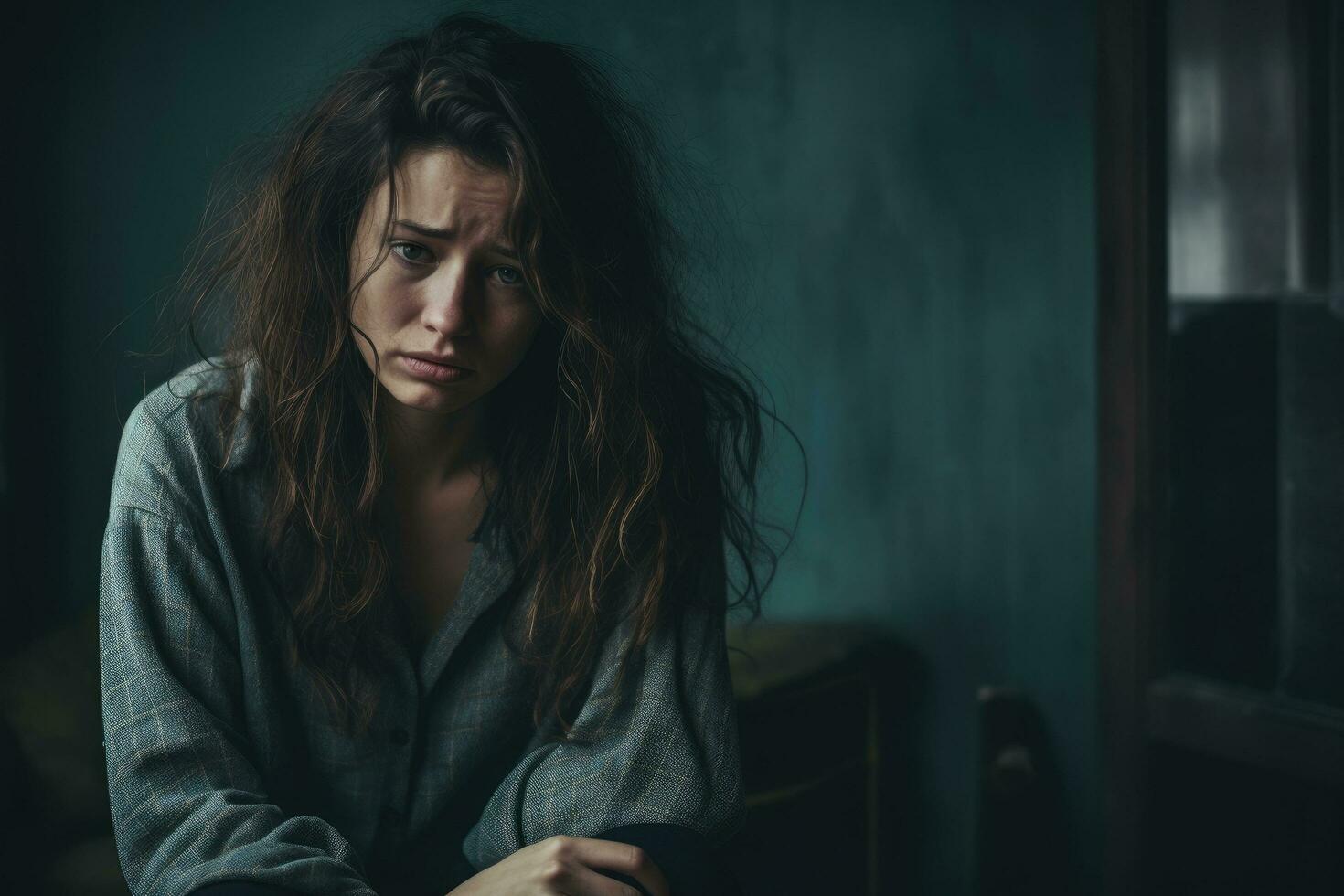 AI generated Depressed woman sitting alone in the room. Depression and mental health concept, a lonely young woman, looking depressed and stressed, AI Generated photo