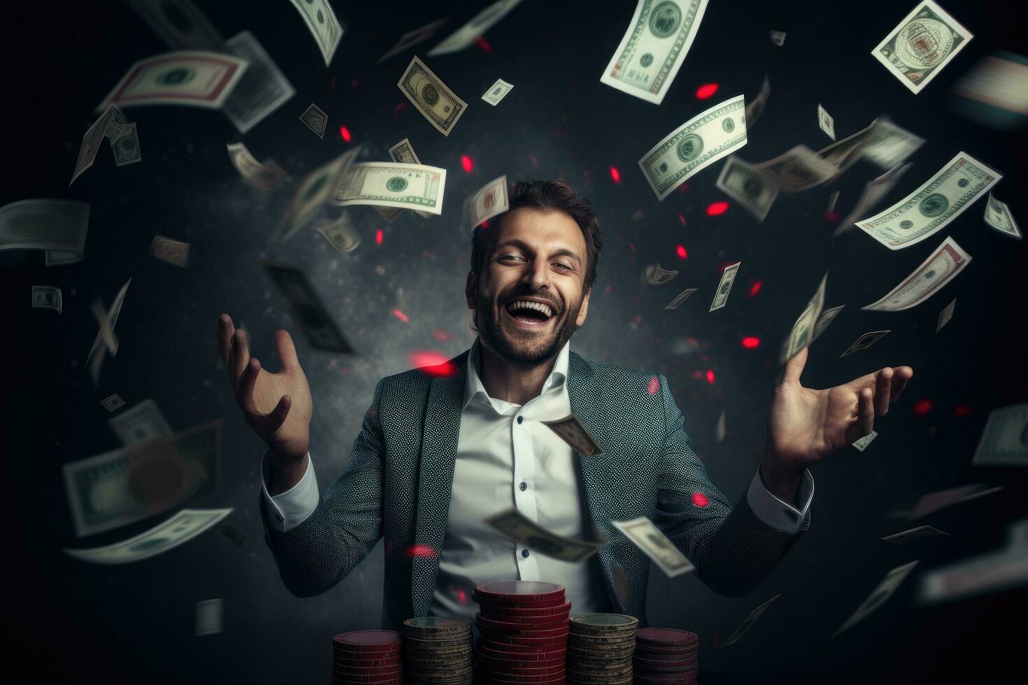 AI generated Cheerful man playing poker and throwing money into the air, A happy man winning poker in casino and money flying around him, AI Generated photo