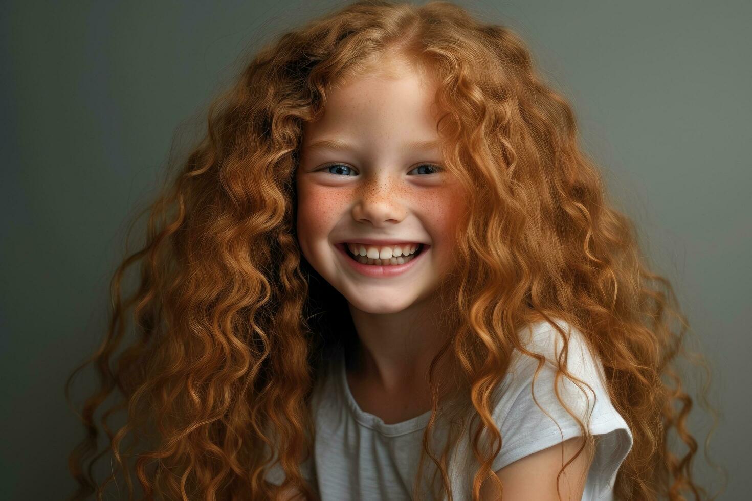AI generated Portrait of a beautiful little girl with long curly hair on a gray background, A happy girl smiles and her hair develops, AI Generated photo