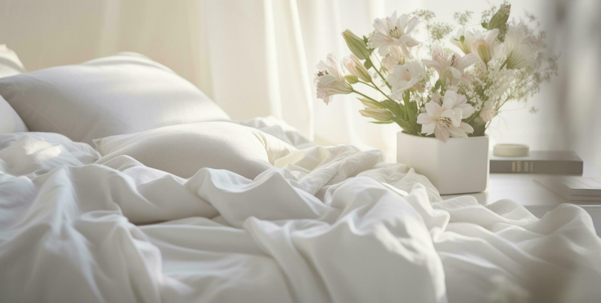 AI generated image of a bed with white blankets, photo