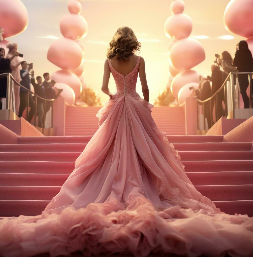 AI generated lady in pink gown walking down red carpet photo