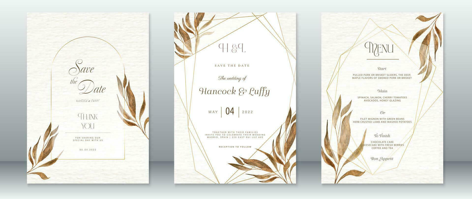 Luxury wedding invitation card template with gold nature leaf vector