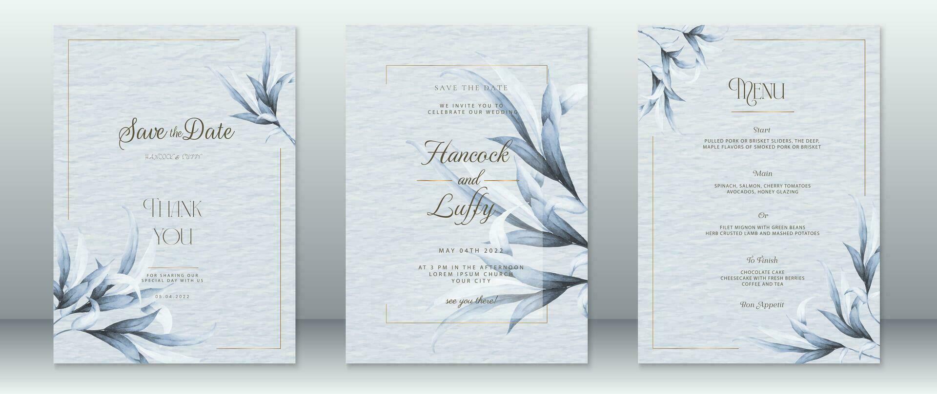 Wedding invitation card template nature blue design vector