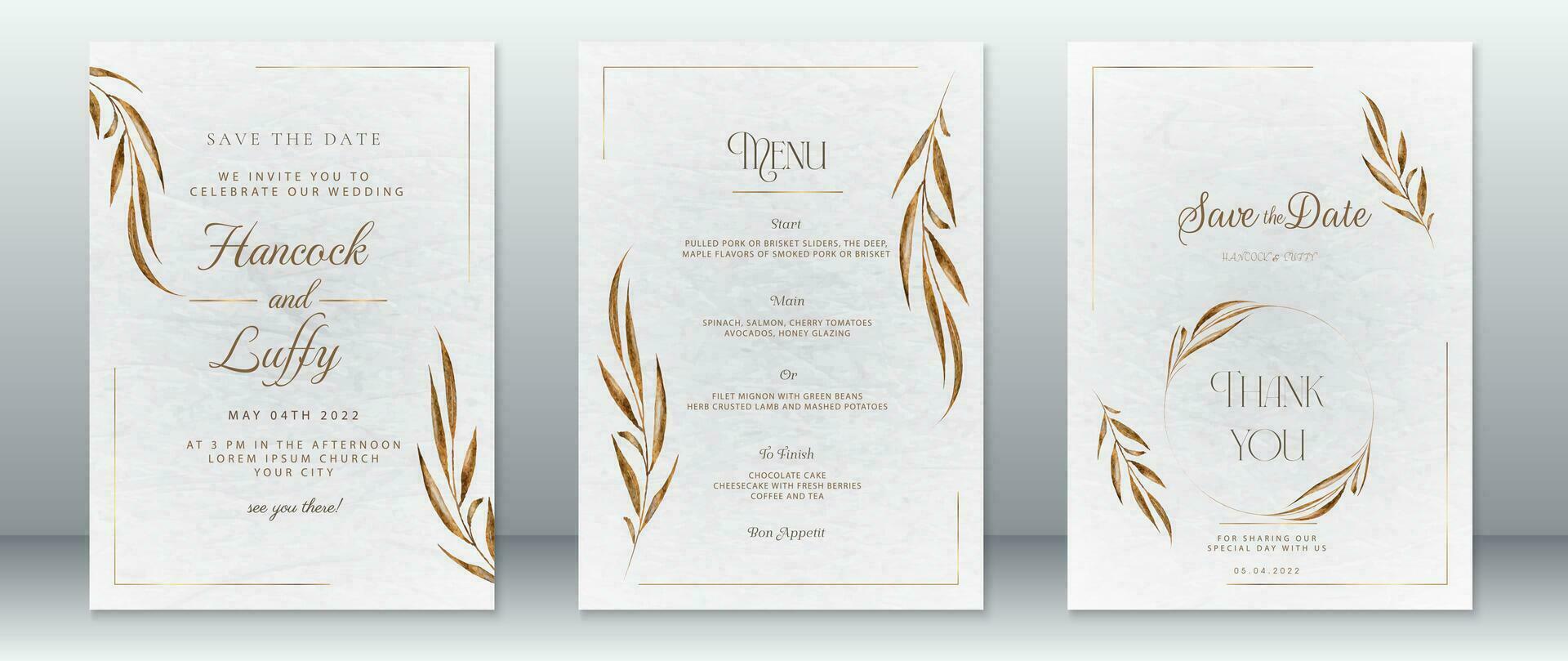 Luxury wedding invitation card template with gold nature leaf vector