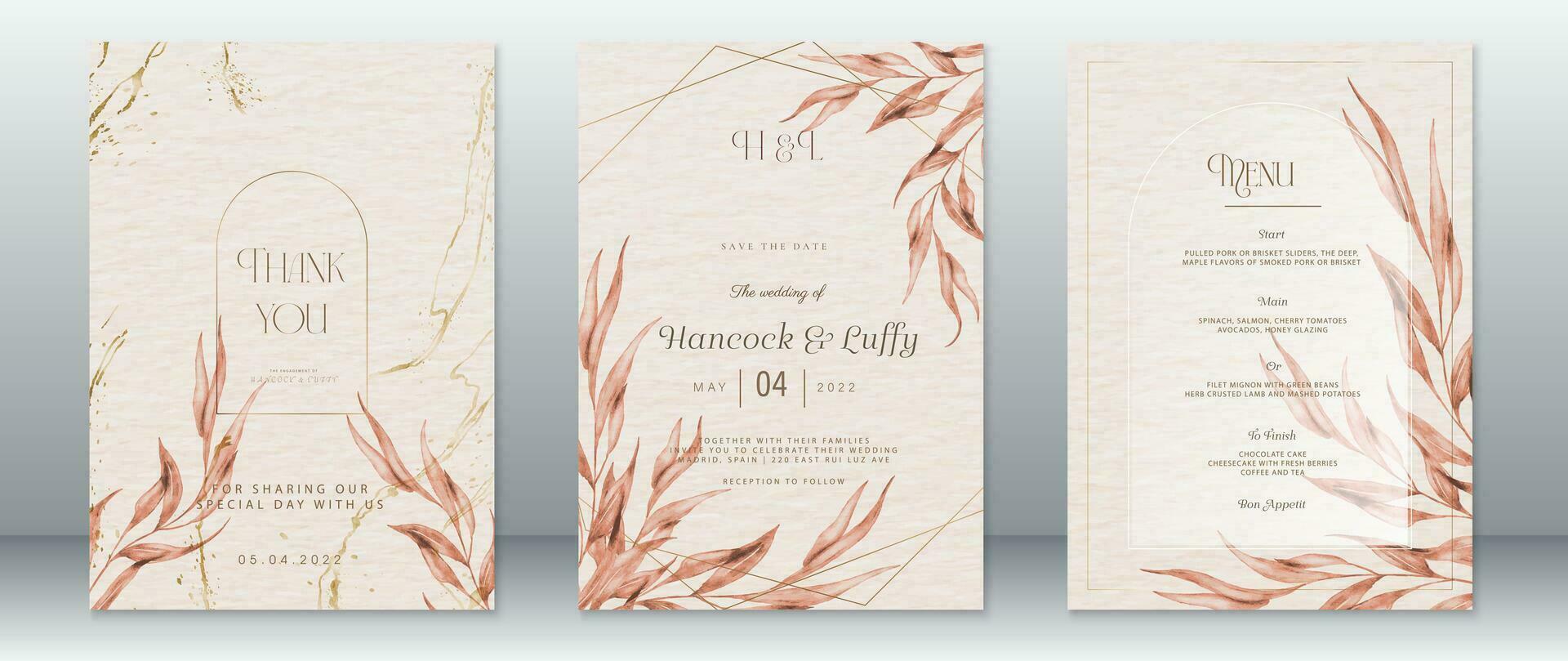 Wedding invitation card template gold design with nature leaf vector