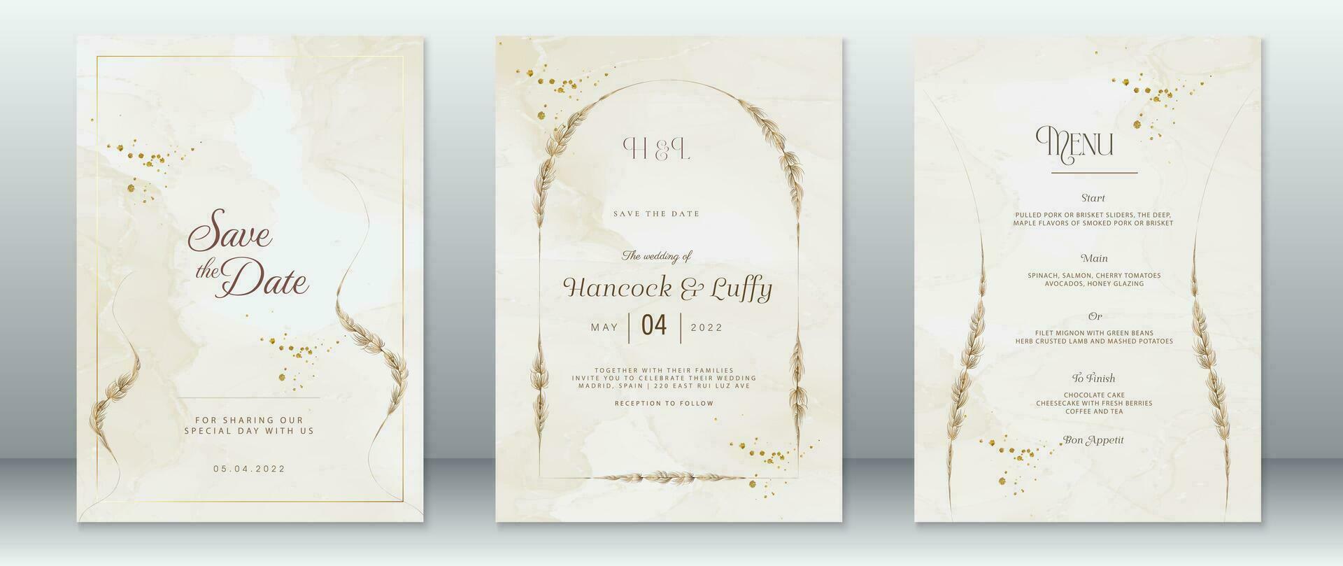 Elegant wedding invitation card template with gold frame vector