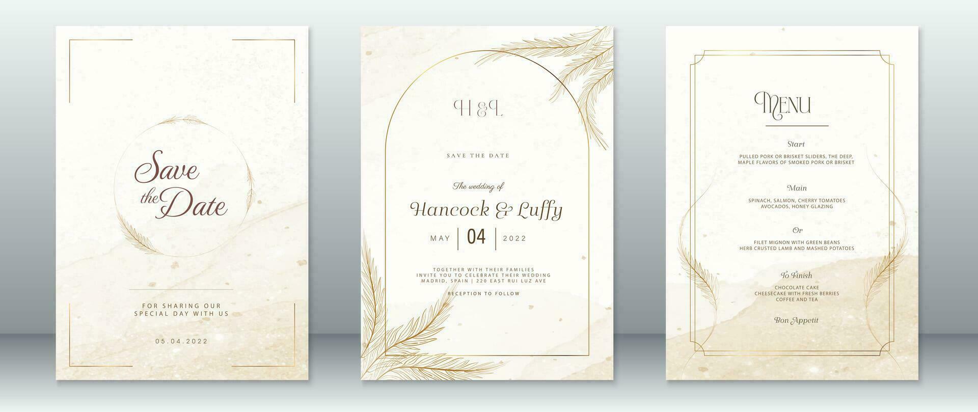 Elegant wedding invitation card template with gold frame vector