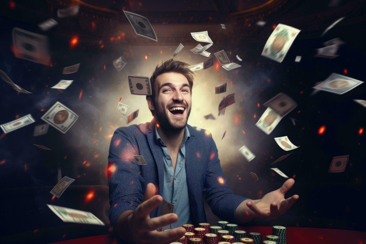 AI generated Young caucasian man playing poker and throwing money in the air, A happy man winning poker in casino and money flying around him, AI Generated photo