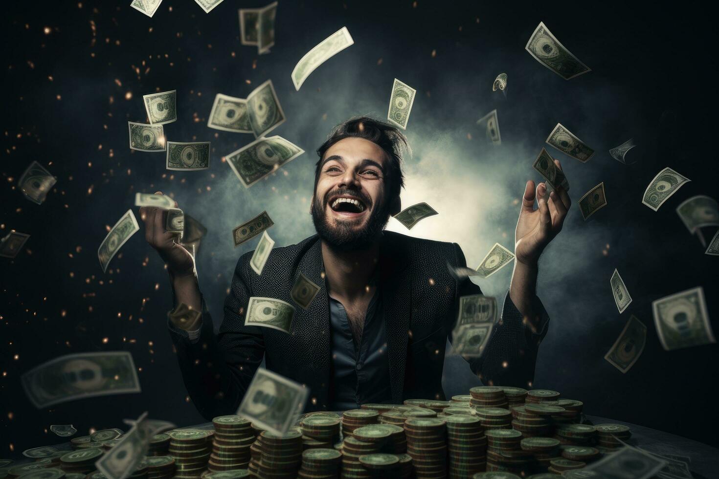 AI generated Happy young man sitting at the table and throwing money into the air, A happy man winning poker in casino and money flying around him, AI Generated photo