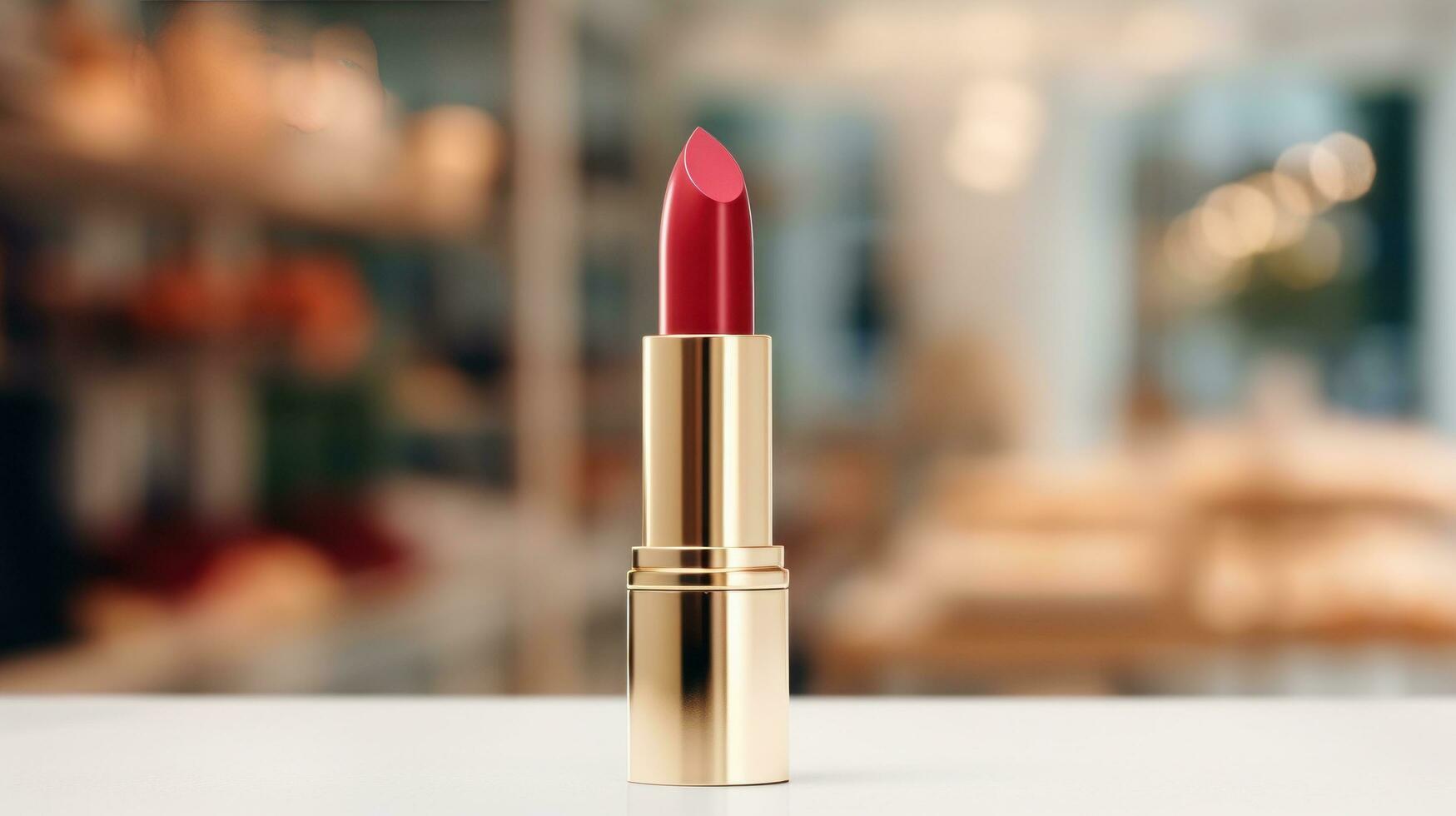 AI generated lipstick with blank front, realistic on a mockup template in a table in a luxury store photo