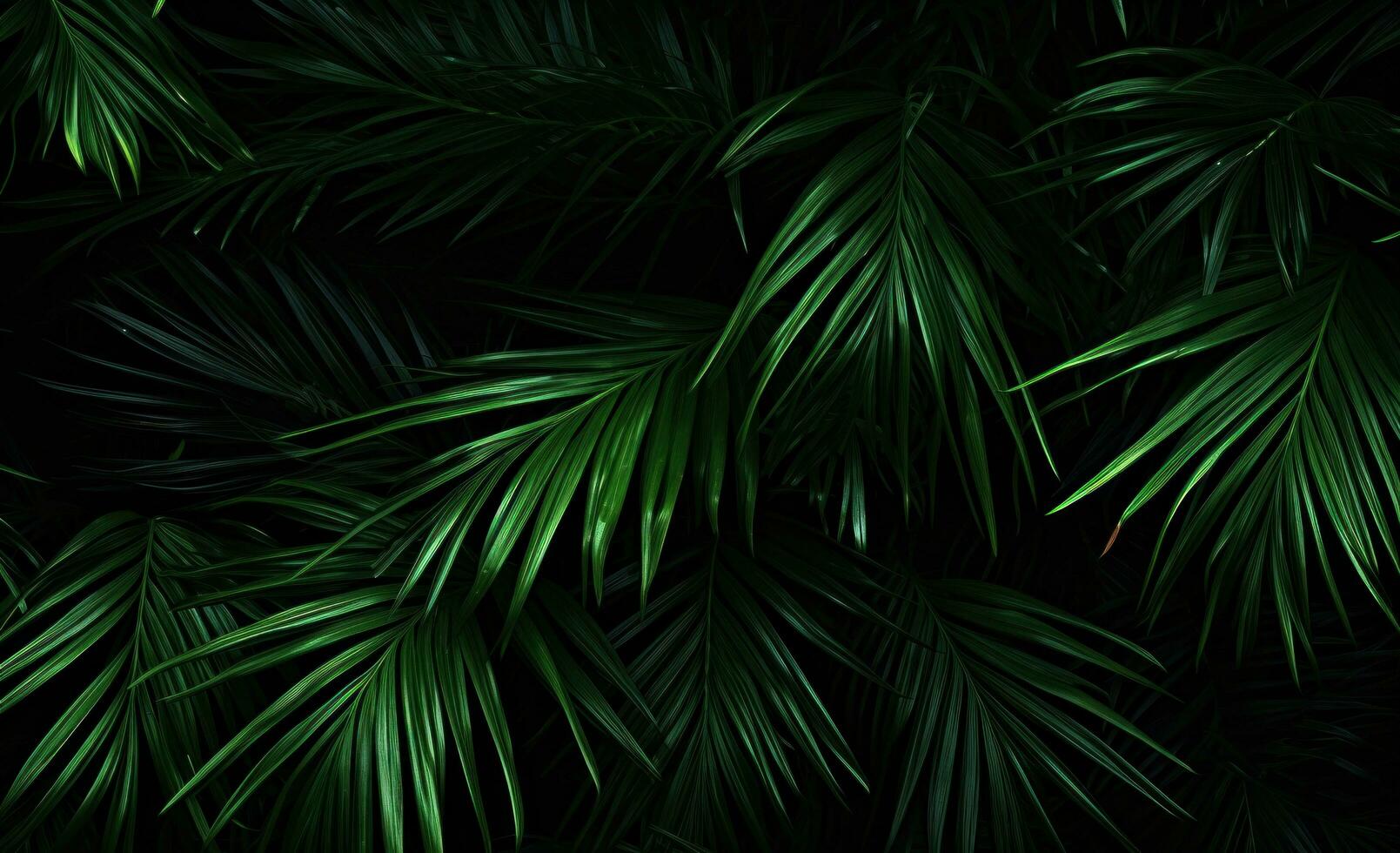 AI generated green palm leaves in a dark background, photo