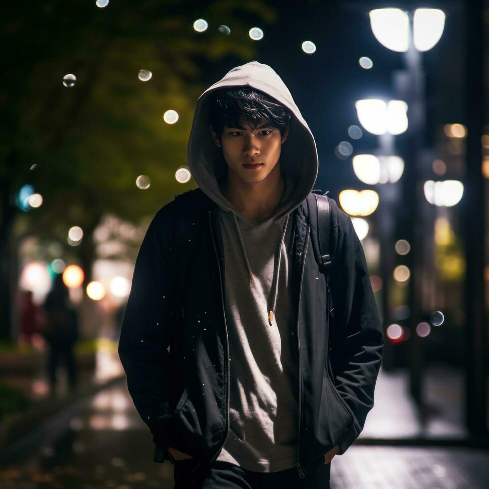 AI generated handsome young man walking at night, photo