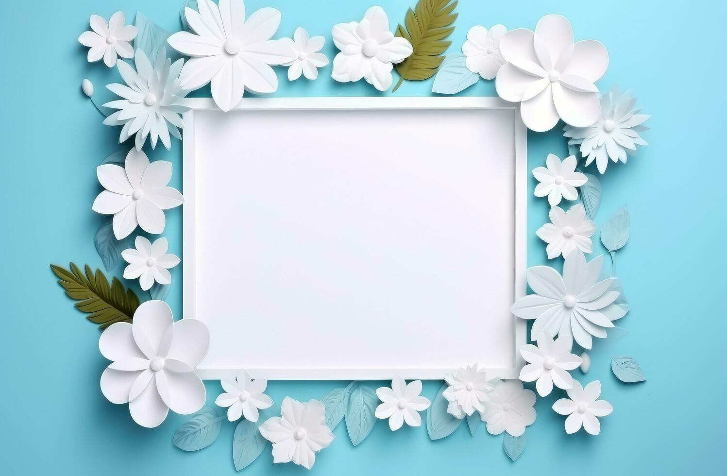 AI generated flowers leaves and white frame on the blue background, photo