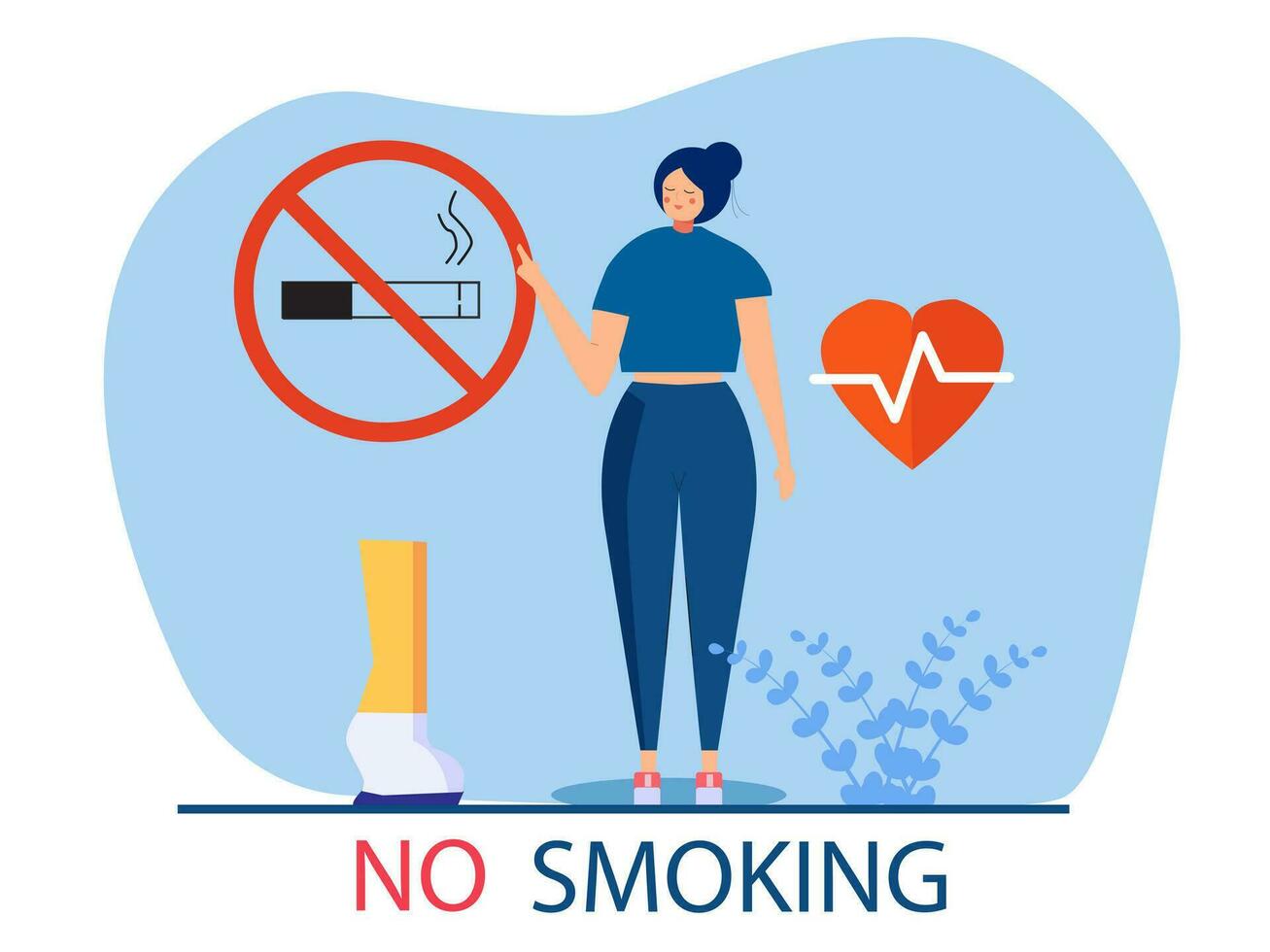 Woman with stop sign quits smoking. Ex-smoker with new health life. Concept of stop smoking, healthy habits. No tobacco day. Vector illustration.