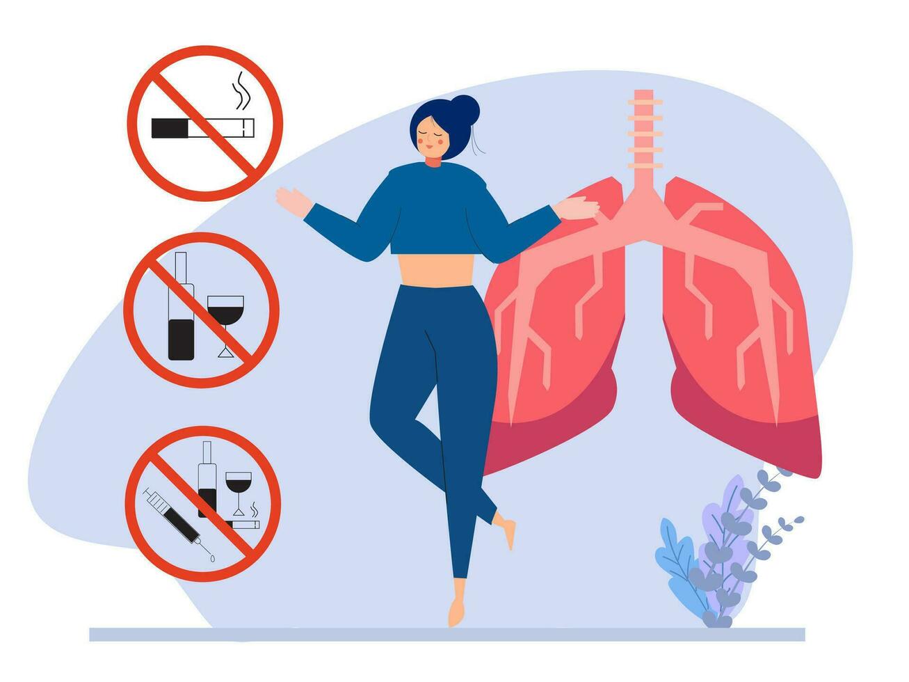 Woman with stop sign quits smoking. Ex-smoker with new health life. Concept of stop smoking, healthy habits. No tobacco day. Vector illustration.