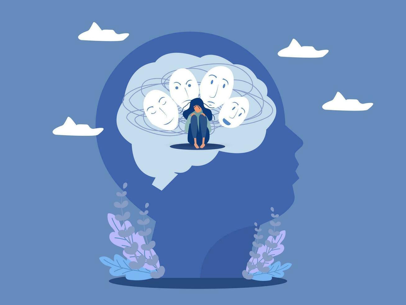 Imposter syndrome, masks with happy or sad expressions.Bipolar disorder, fake faces and emotions. Psychology, false behavior or deceiver.vector illustrator vector