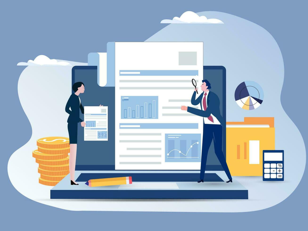 Businessman study the financial statement. Concept of financial report, digital accounting, audit and financial research, accounting report. Vector illustration.