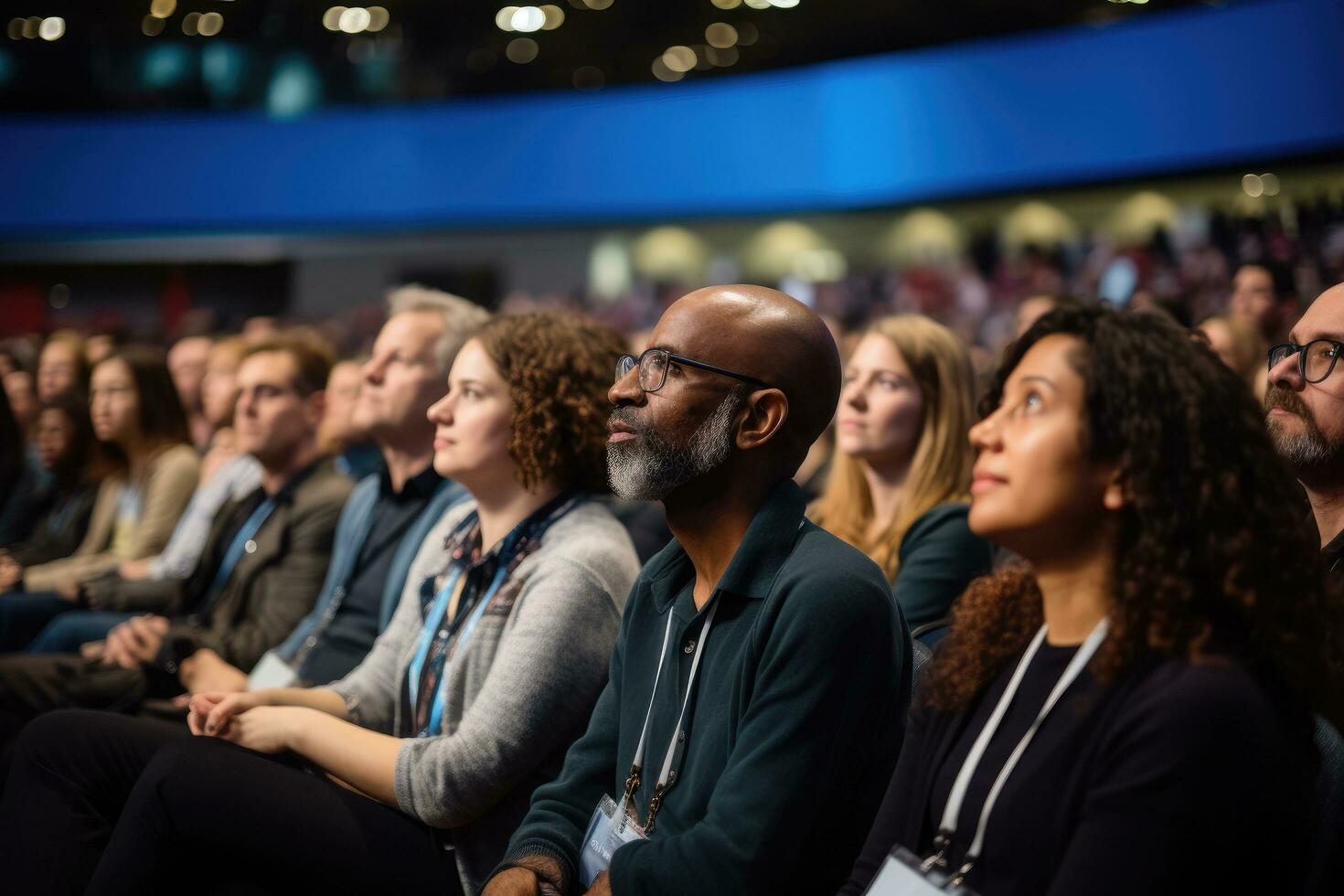 AI generated Speaker at Business Conference and Presentation. Audience at the conference hall. Business and Entrepreneurship, A diverse audience listening intently to a keynote address, AI Generated photo