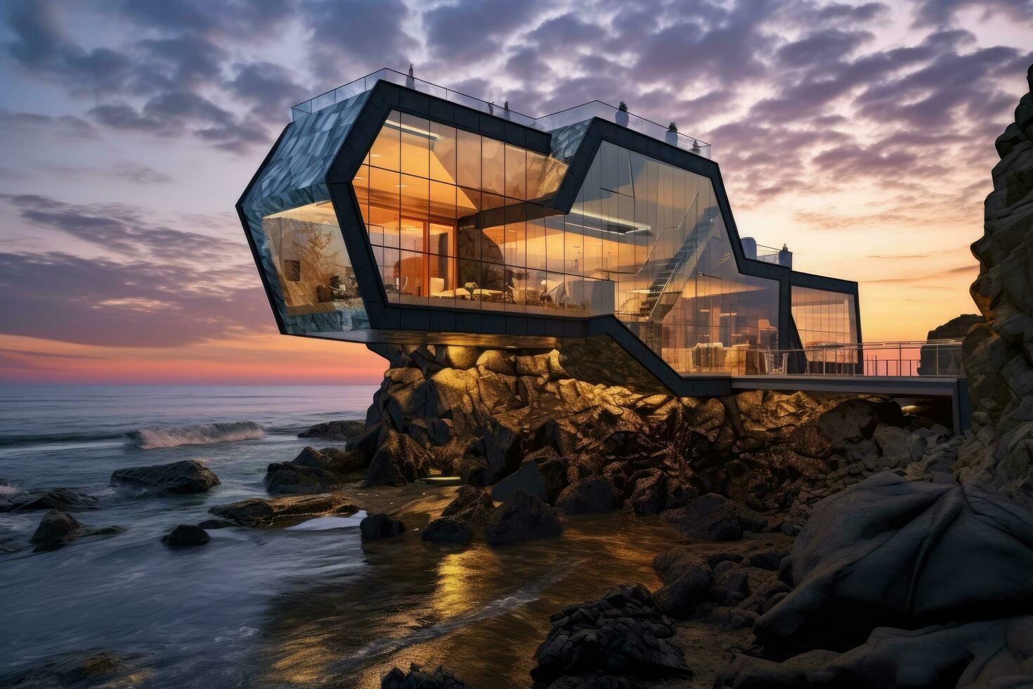 AI generated 3d render of modern building on the seashore at sunset, A creatively designed house by the seaside photo