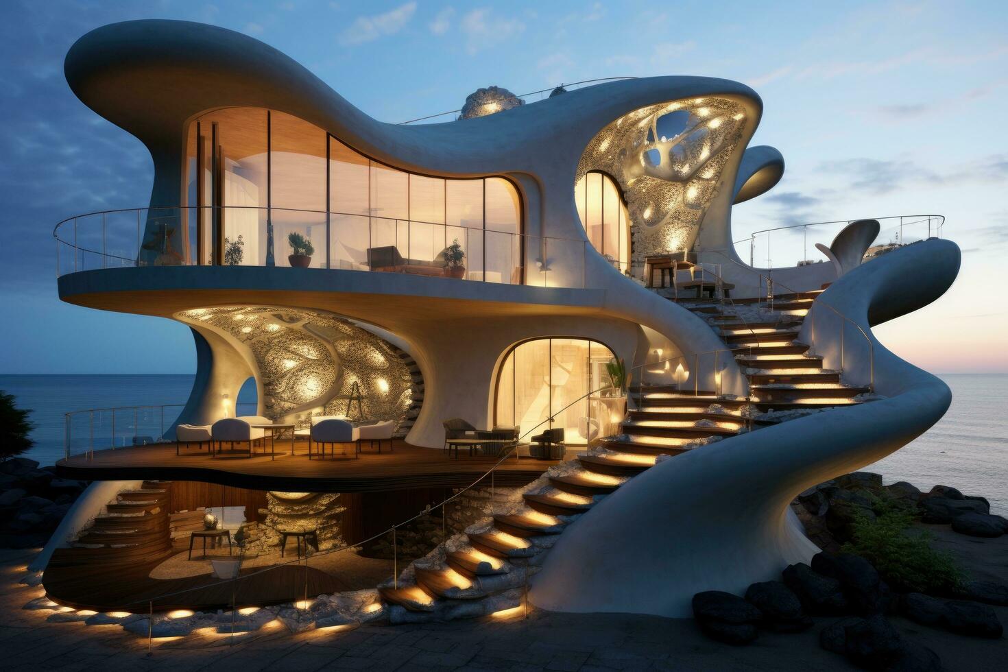 AI generated Modern architecture on the seashore at sunset. 3d render, A creatively designed house by the seaside photo