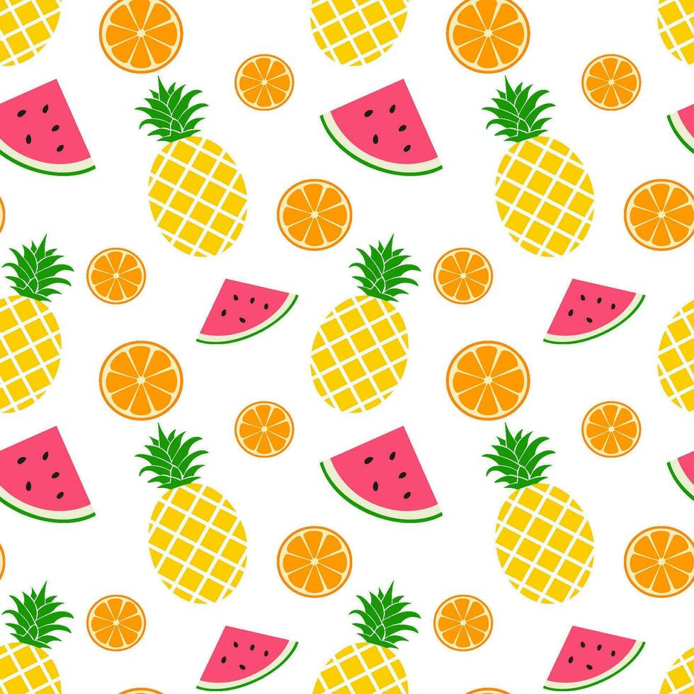 Fresh and juicy pineapple, watermelon and orange. Seamless vector pattern on white. Summer fruits