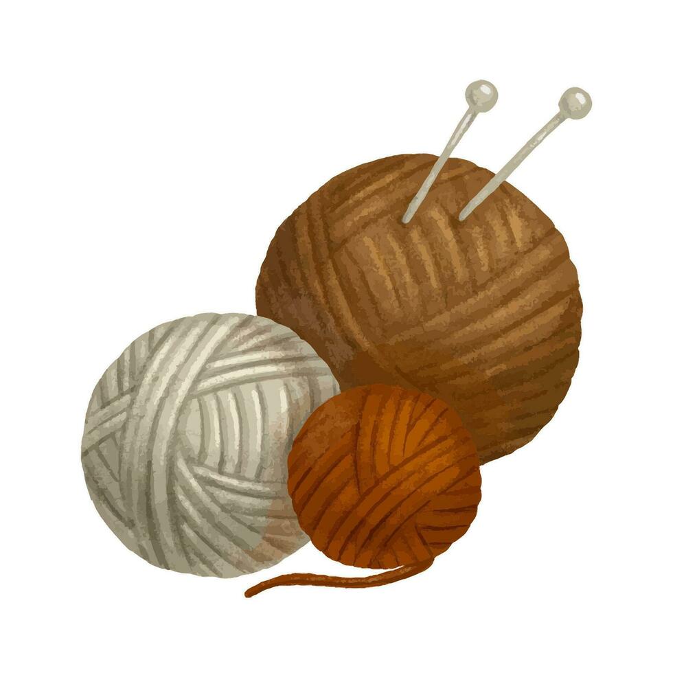 Yarn balls set and knitting needles. Knitting needles, balls of wool, skeins of yarn. Hand drawn illustration isolated on white vector