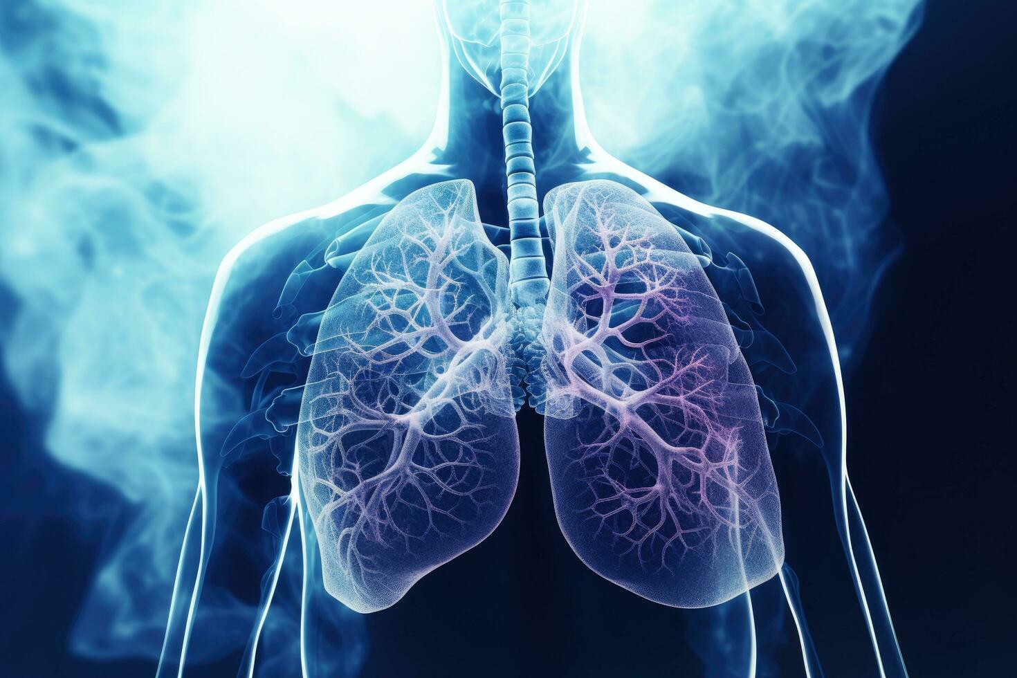 AI generated Digital illustration of human lungs in colour background with vignette effect, A male lung cancer biopsy respiratory system in x-ray, AI Generated photo