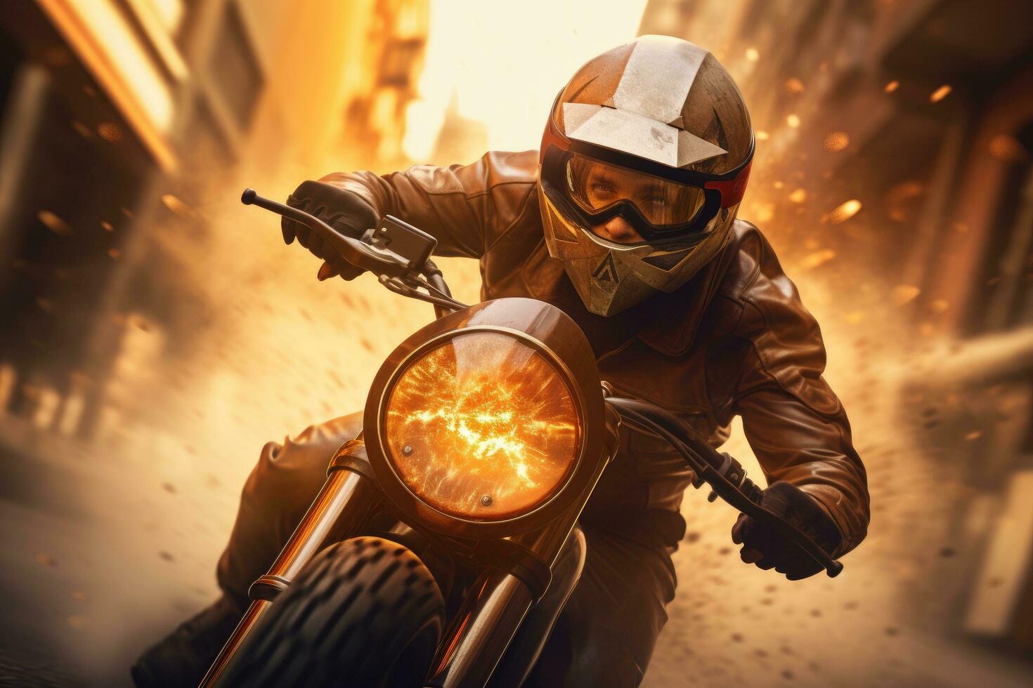 AI generated Motorcyclist in leather jacket and helmet on a motorcycle in the city, A man wearing a helmet and riding a motorcycle, AI Generated photo