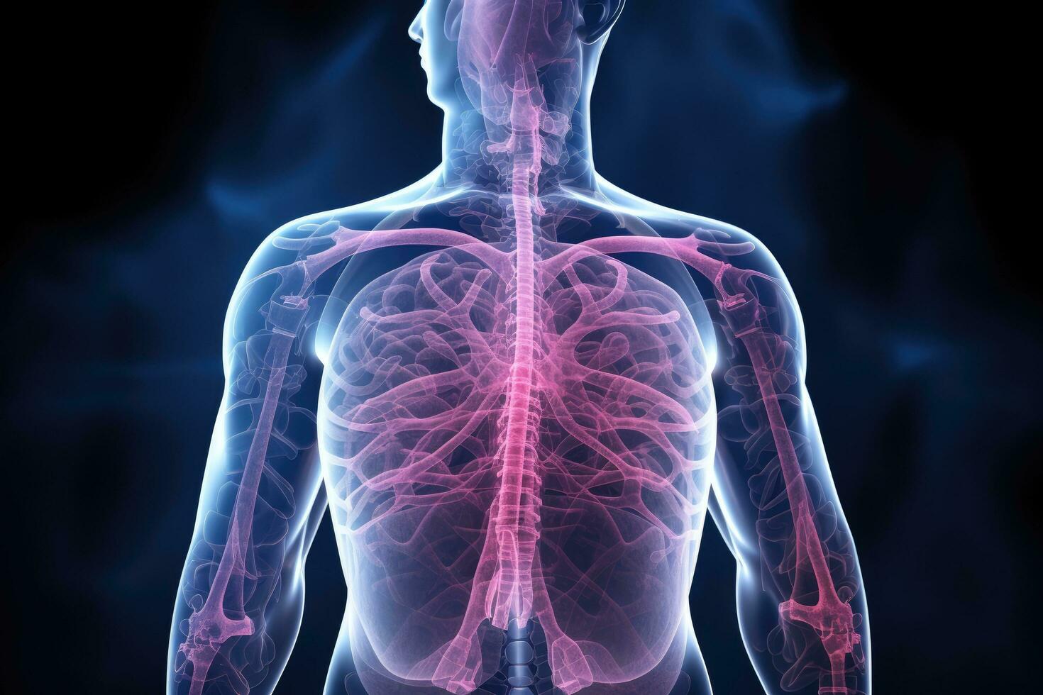 AI generated Human body with highlighted lung anatomy, x-ray image, medical concept, A male lung cancer biopsy respiratory system in x-ray, AI Generated photo