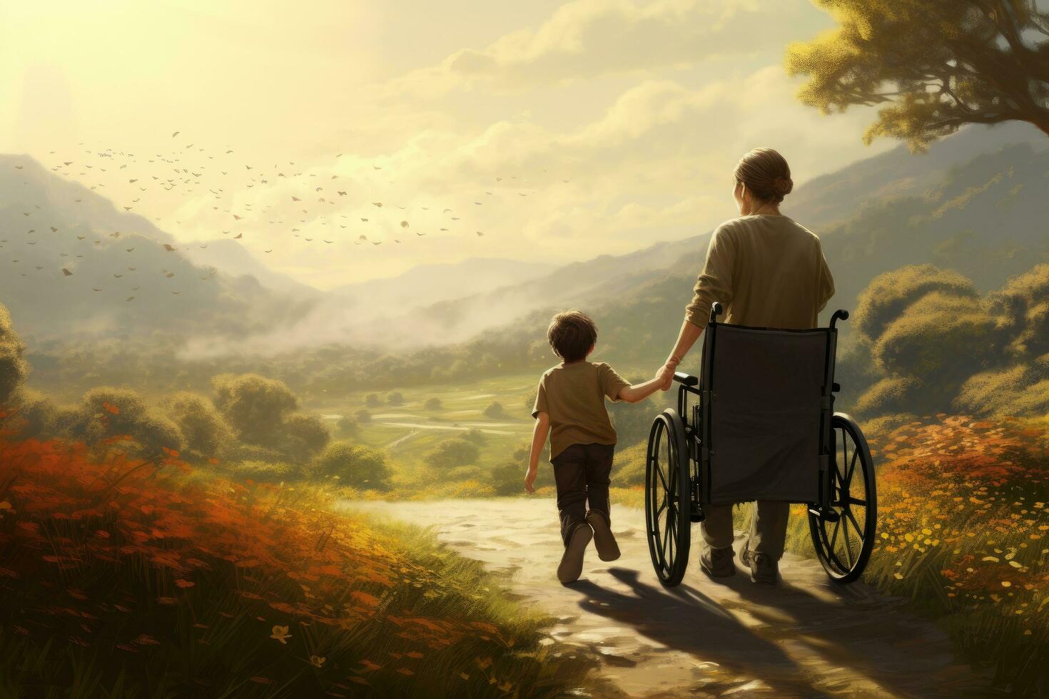 AI generated Silhouette of disabled man and his son walking in the field, A mother with an incapacitated boy in a wheelchair walking in nature, AI Generated photo