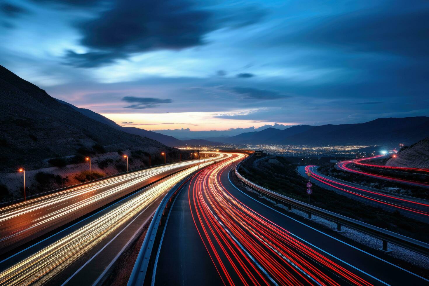 AI generated Long exposure of car light trails on the highway at night in Shenzhen, China, A long exposure photo of a highway at night, AI Generated