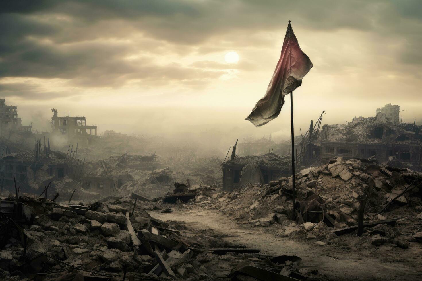 AI generated Ruins of a very heavily polluted industrial factory, industrial series, A lonely waving flag in a battlefield filled with damaged buildings, AI Generated photo