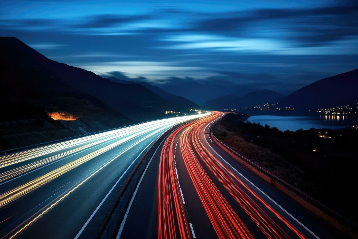 AI generated highway with car light trails in modern city at night. long exposure, A long exposure photo of a highway at night, AI Generated
