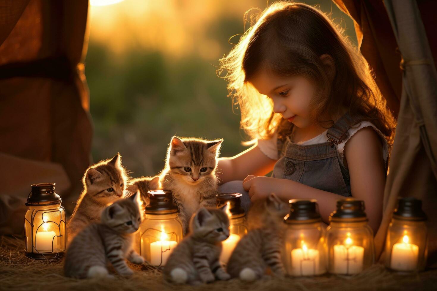 ai generado adorable pequeño niña jugando con su gatitos en un tienda a atardecer, un reconfortante escena de un pequeño niña jugando con su linda gatitos, ai generado foto