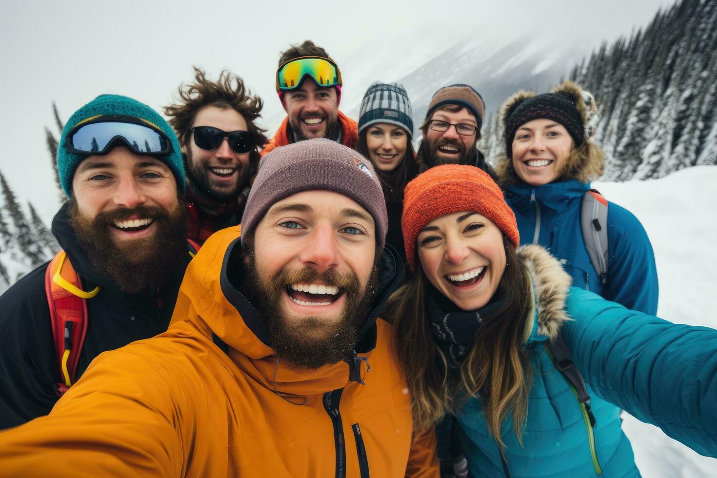AI generated Group of friends taking a selfie on the snow in the mountains, a group of people wearing ski equipment takes a selfie together, AI Generated photo
