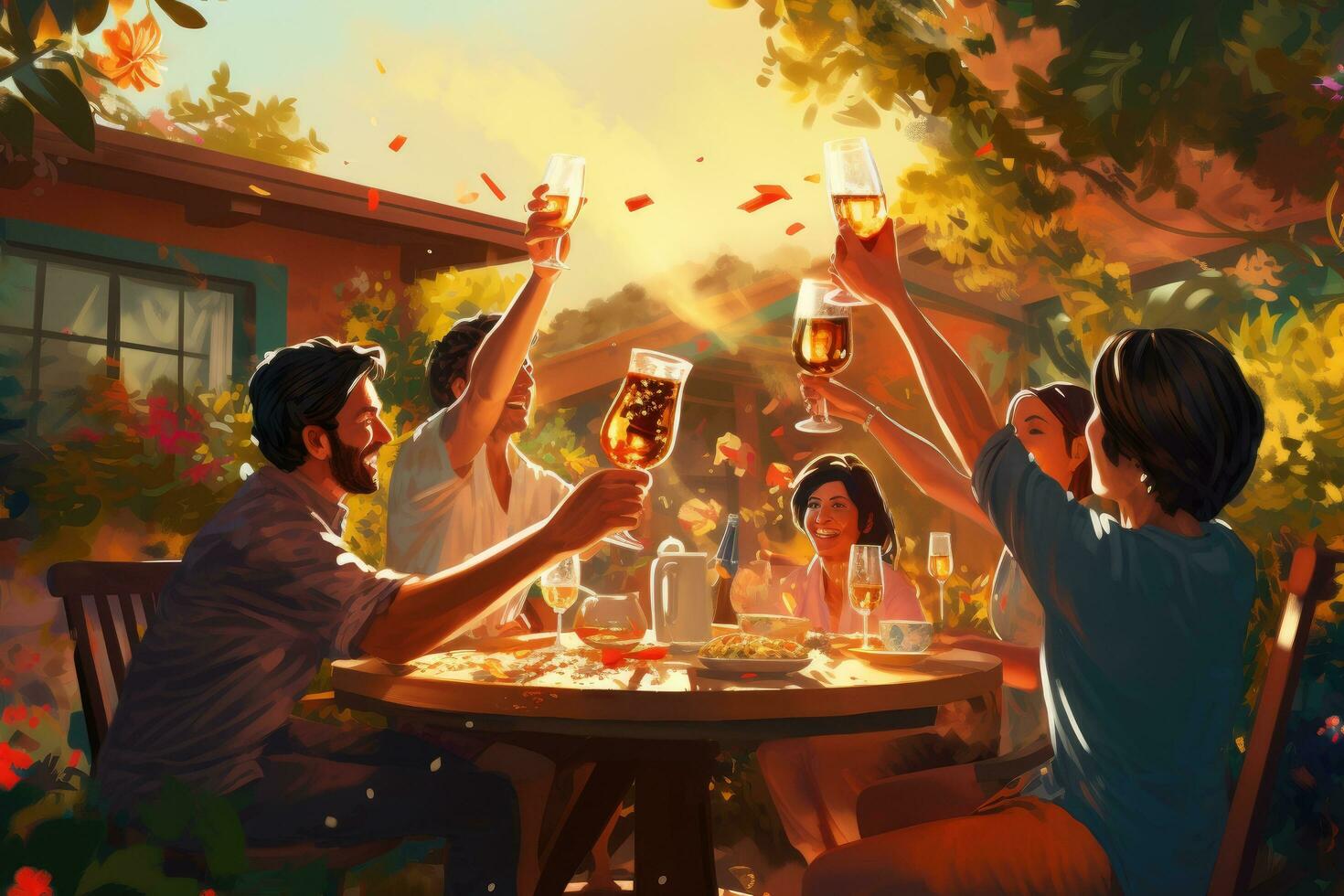 AI generated Group of friends toasting with glasses of beer on a terrace, A group of friends toasting with beer at a summer barbeque, AI Generated photo