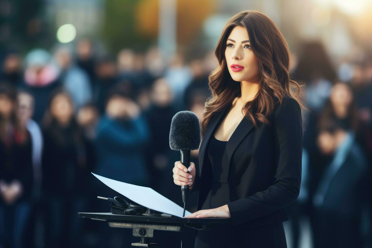 ai generado retrato de un hermosa mujer reportero con micrófono en el antecedentes de multitud, un hembra televisión reportero presentación el Noticias al aire libre, ai generado foto