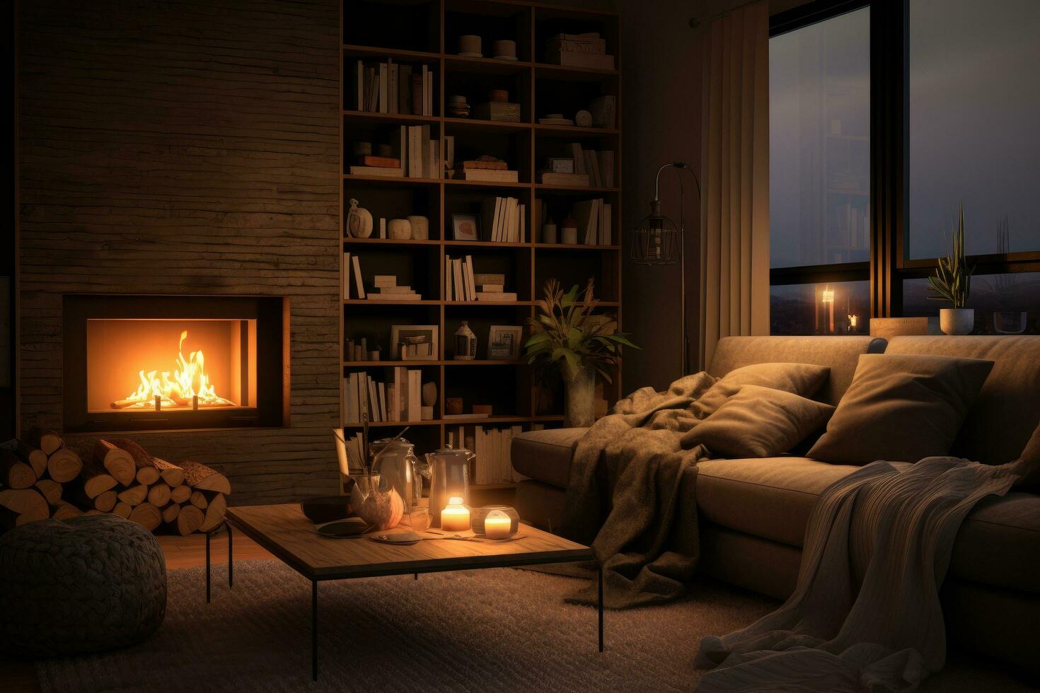 AI generated Cozy living room interior with fireplace and cozy sofa. 3D rendering, A cozy living room with a fireplace and a coffee table, AI generative image, AI Generated photo