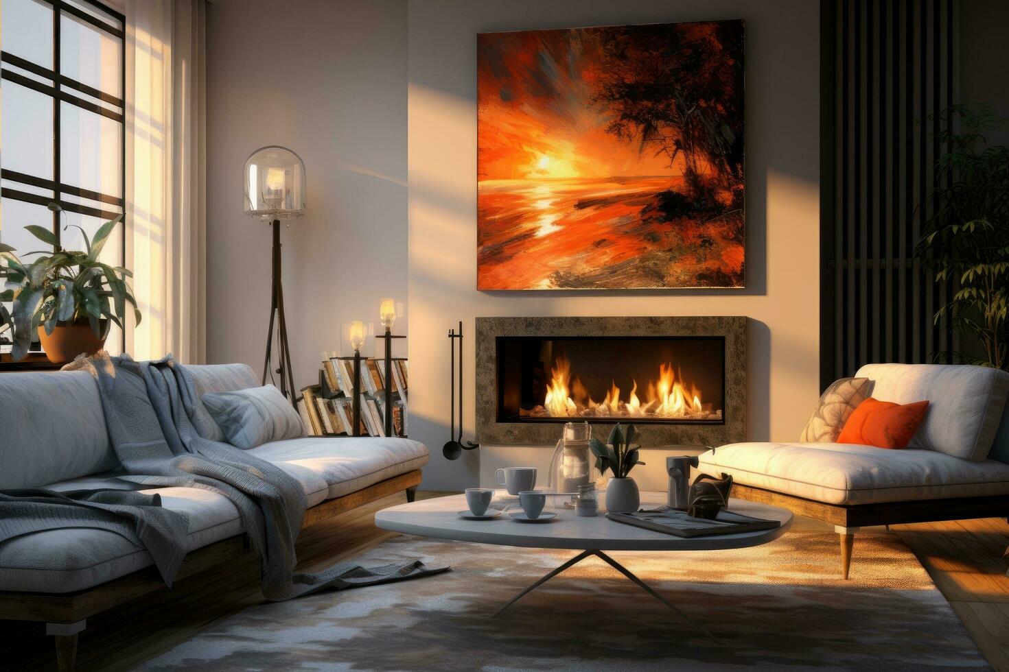 AI generated Modern living room interior design with fireplace. 3d render illustration, A cozy living room with a fireplace and a coffee table, AI generative image, AI Generated photo