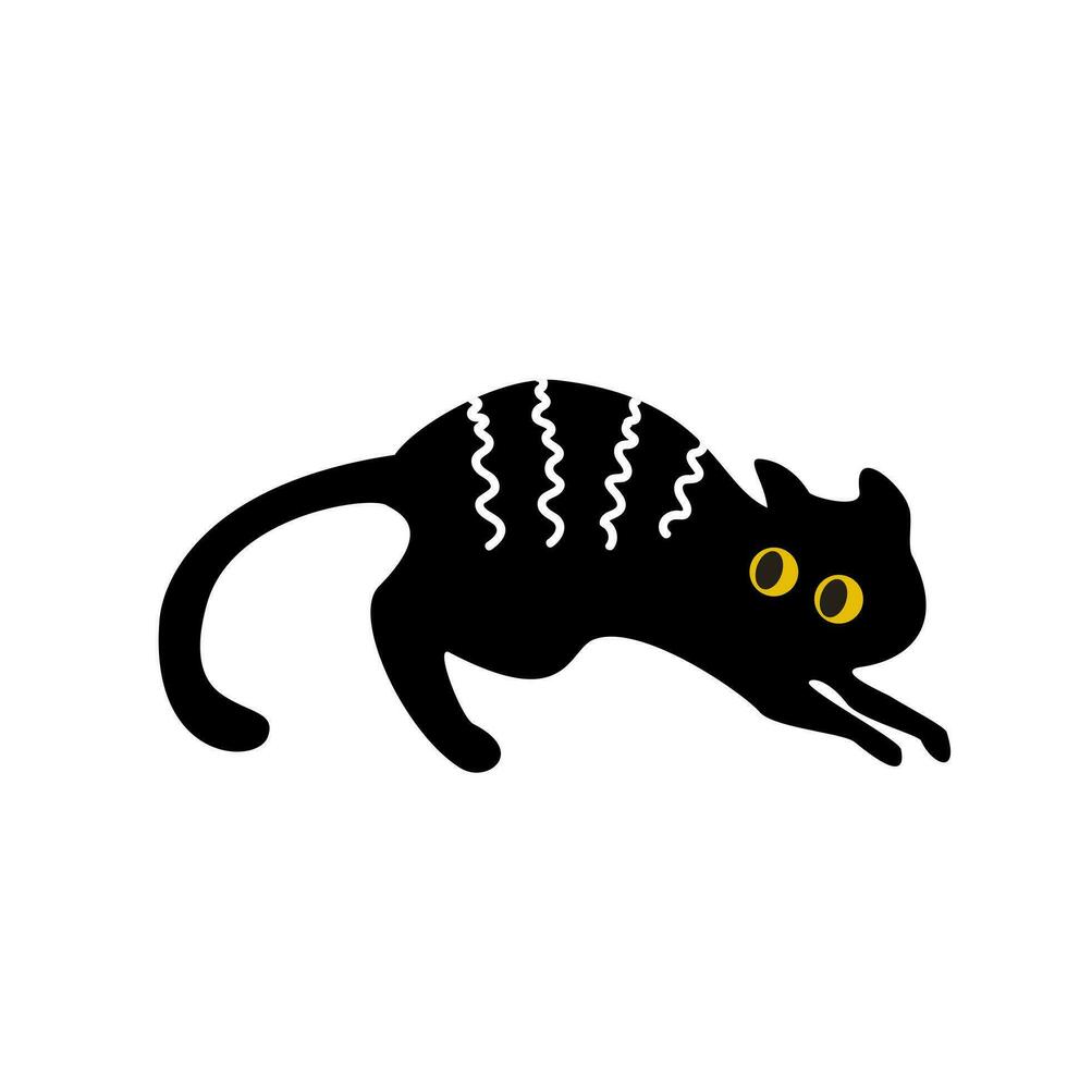 Black cat with striped texture. Cute sticker. Isolated vector
